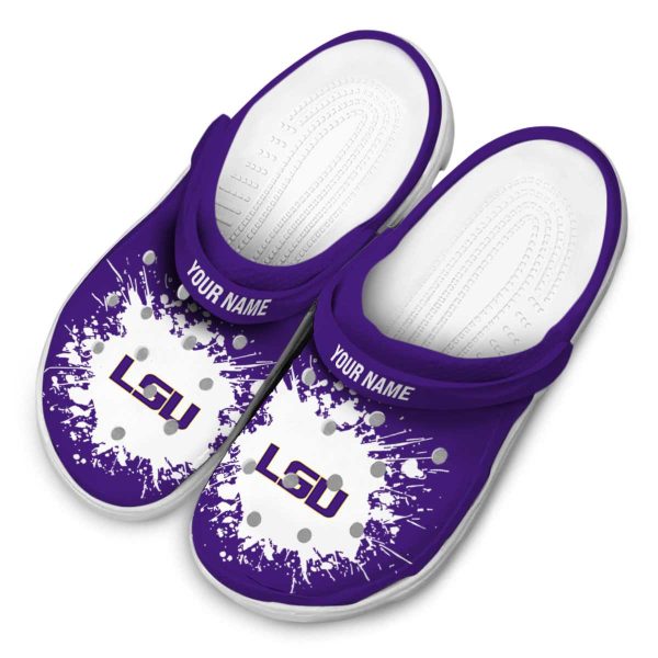 Customized LSU Tigers Splatter Background Crocs Trendy