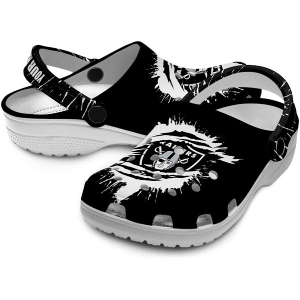 Customized Las Vegas Raiders Splash Motif Background Crocs Latest Model