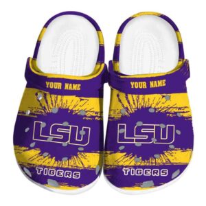 Personalized LSU Tigers Paint Splatter Graphics Crocs Best selling