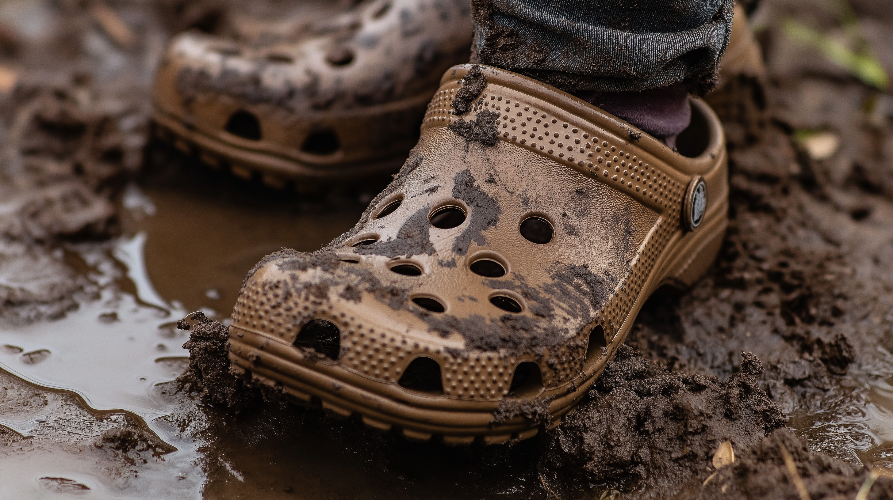 Dirty crocs worn by a person