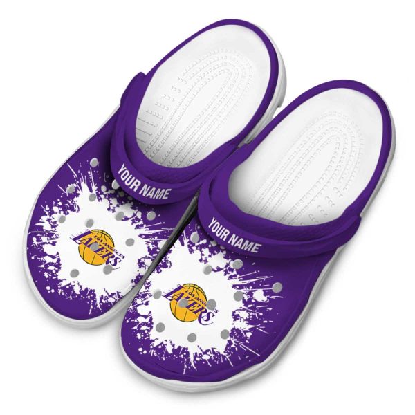 custom los angeles lakers splatter background crocs top rated