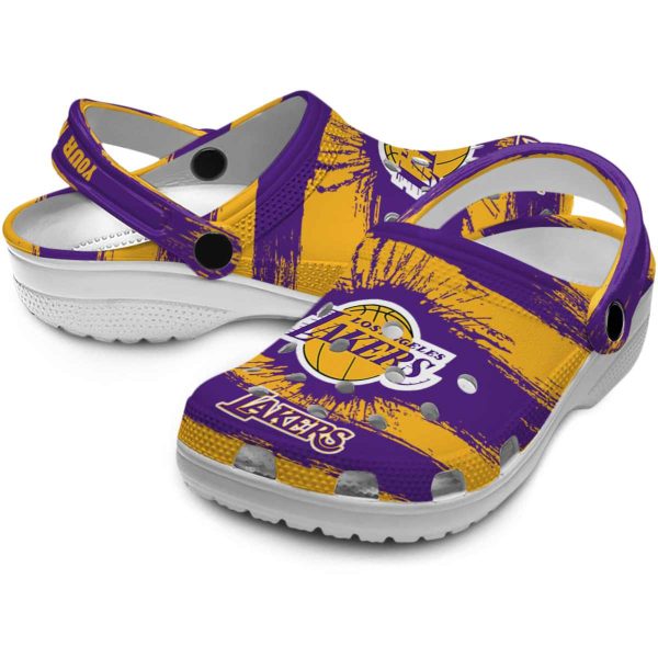customized los angeles lakers paint splatter graphics crocs premium grade