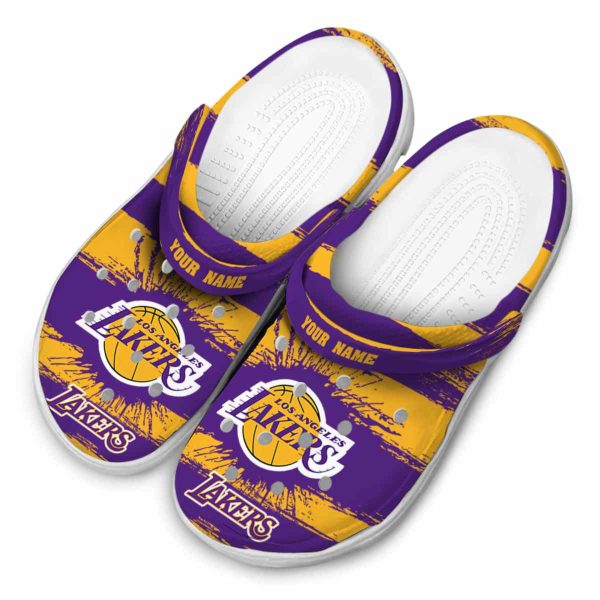 customized los angeles lakers paint splatter graphics crocs top rated