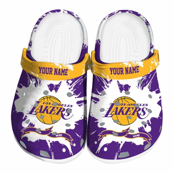 personalized los angeles lakers splatter pattern crocs fashion forward