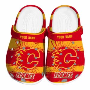 customized calgary flames paint splatter graphics clog best selling