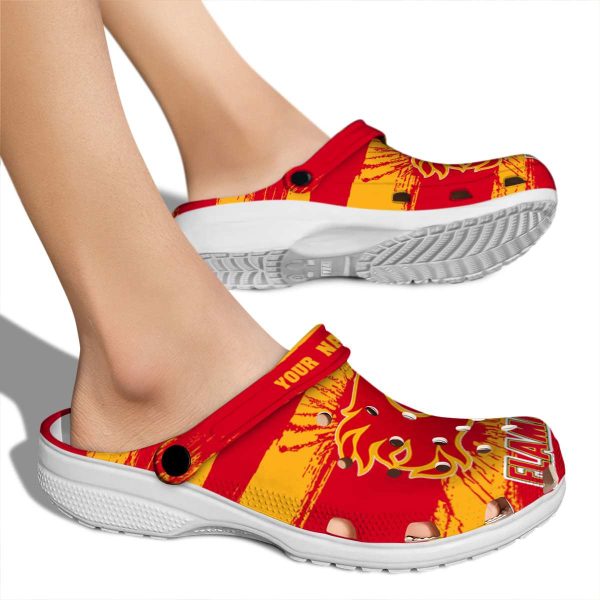 customized calgary flames paint splatter graphics clog fashion forward