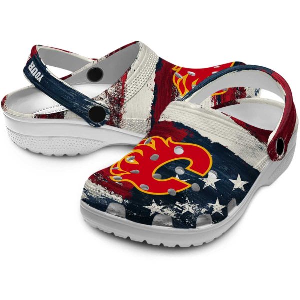 customized calgary flames patriotic stripes clog high quality