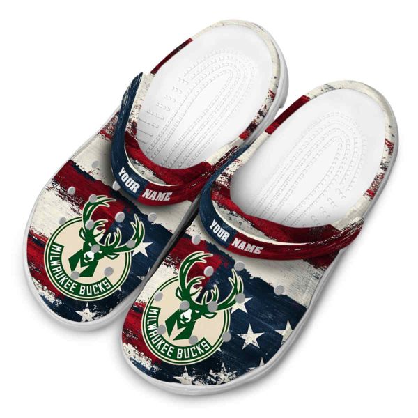 customized milwaukee bucks patriotic stripes clog latest model