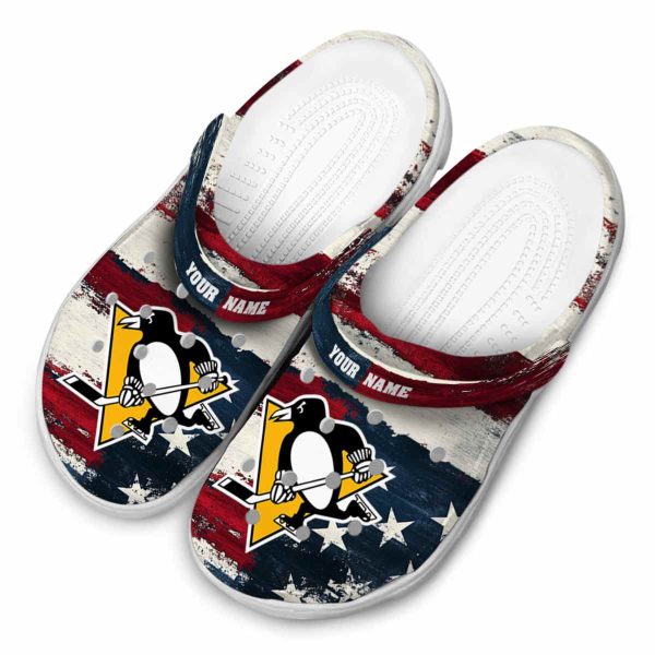customized pittsburgh penguins patriotic stripes clog latest model