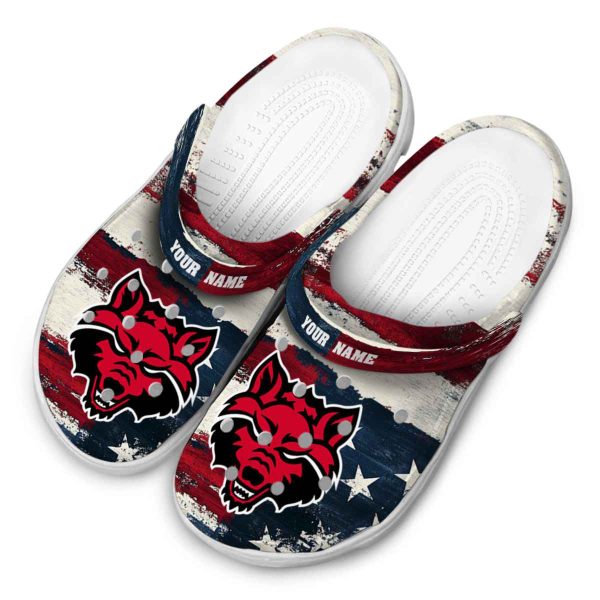 personalized arkansas state red wolves patriotic stripes clog latest model