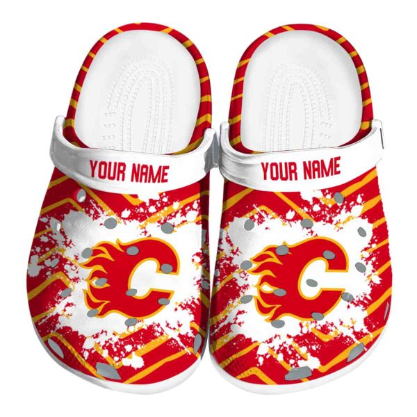 personalized calgary flames zigzag paint burst clog best selling