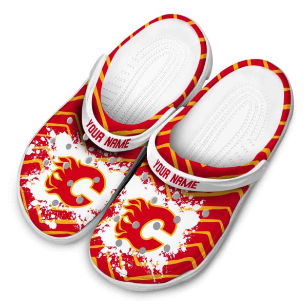 personalized calgary flames zigzag paint burst clog latest model