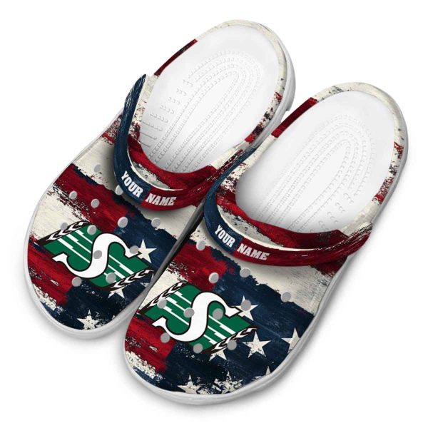 personalized saskatchewan roughriders patriotic stripes clog latest model