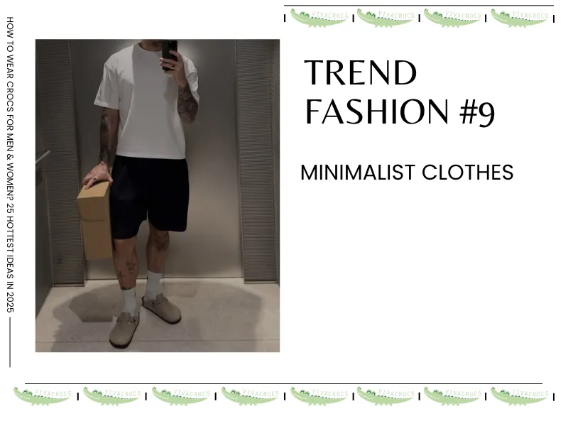 How To Wear Crocs With Minimalist Clothes? Black Shorts, White Shirt, And Grey Crocs