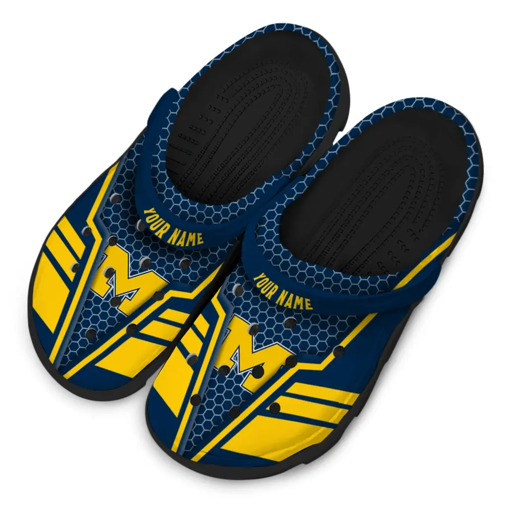 michigan-wolverines-clog-personalized-hexagon-shield-blue-latest-model-1-1.webp