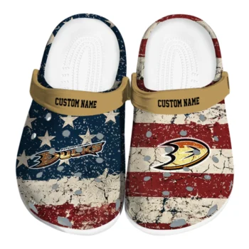 Anaheim Ducks Clogs - Customized Distressed Stripes Gold Red Blue