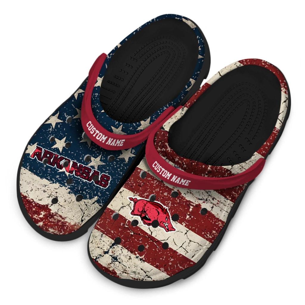 arkansas-razorbacks-clog-personalized-distressed-stripes-red-blue-latest-model.webp