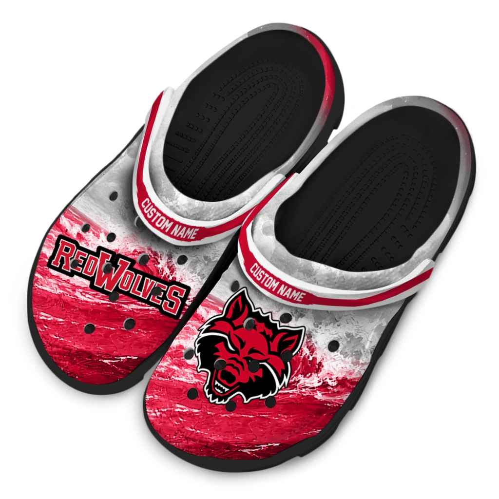 arkansas-state-red-wolves-clog-personalized-wave-swirl-scarlet-white-latest-model.webp