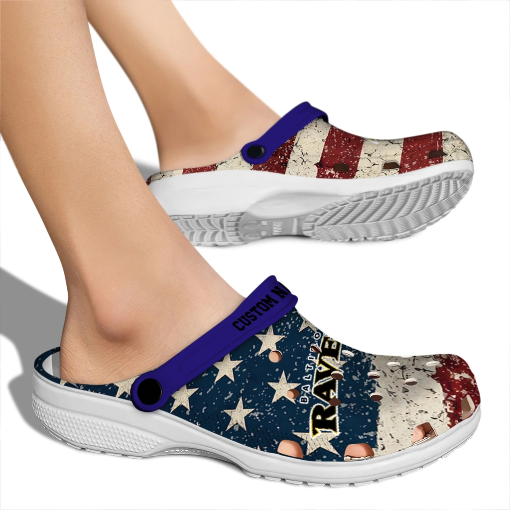 baltimore-ravens-clog-customized-distressed-stripes-purple-red-blue-fashion-forward.webp
