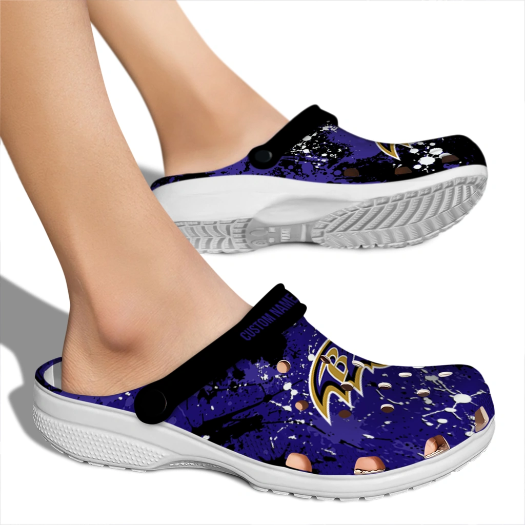 baltimore-ravens-clog-personalized-splatter-splash-purple-black-fashion-forward.webp