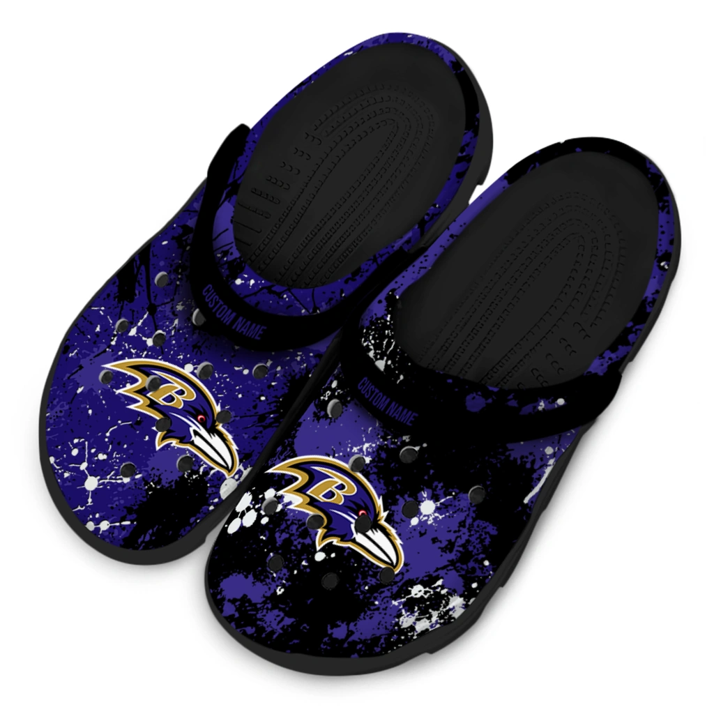 baltimore-ravens-clog-personalized-splatter-splash-purple-black-latest-model.webp