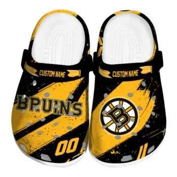 Boston Bruins Clogs - Personalized Checkered Streaks Gold Black