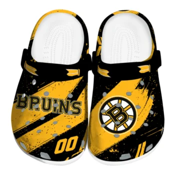 Boston Bruins Clogs - Personalized Checkered Streaks Gold Black