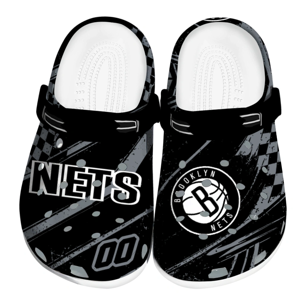 Brooklyn Nets Clogs - Personalized Checkered Streaks Black 1 brooklyn nets clog custom checkered streaks black best selling