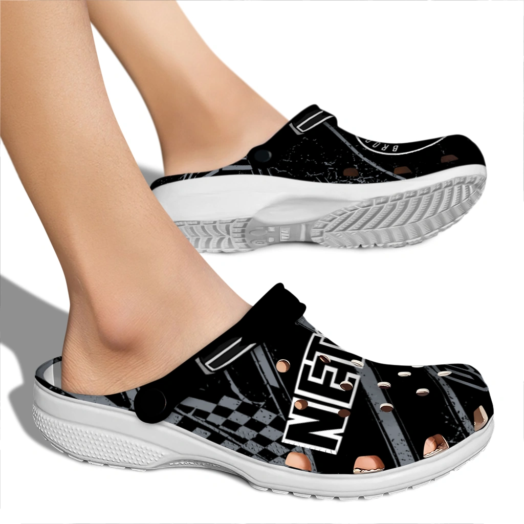 Brooklyn Nets Clogs - Personalized Checkered Streaks Black 2