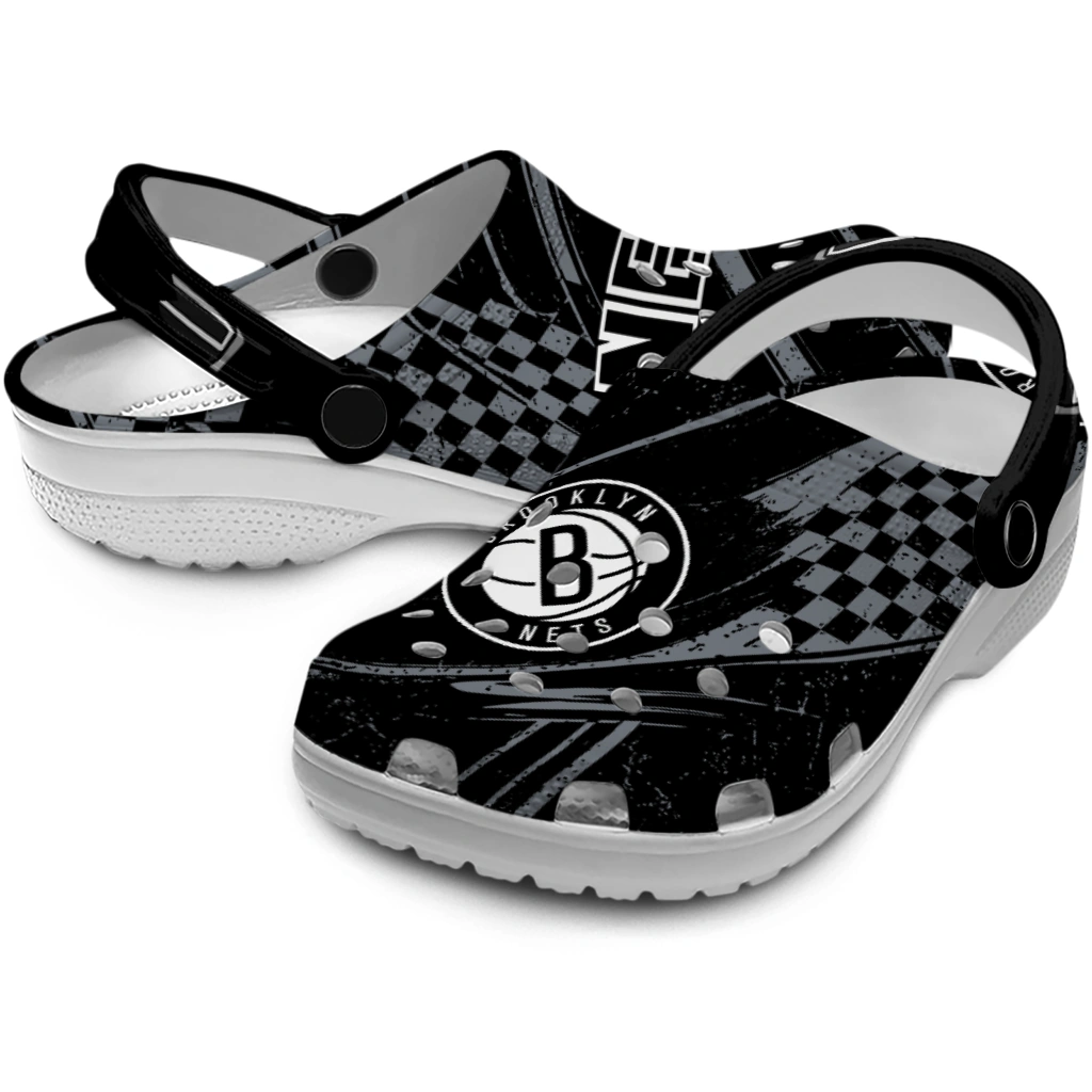 Brooklyn Nets Clogs - Personalized Checkered Streaks Black 3