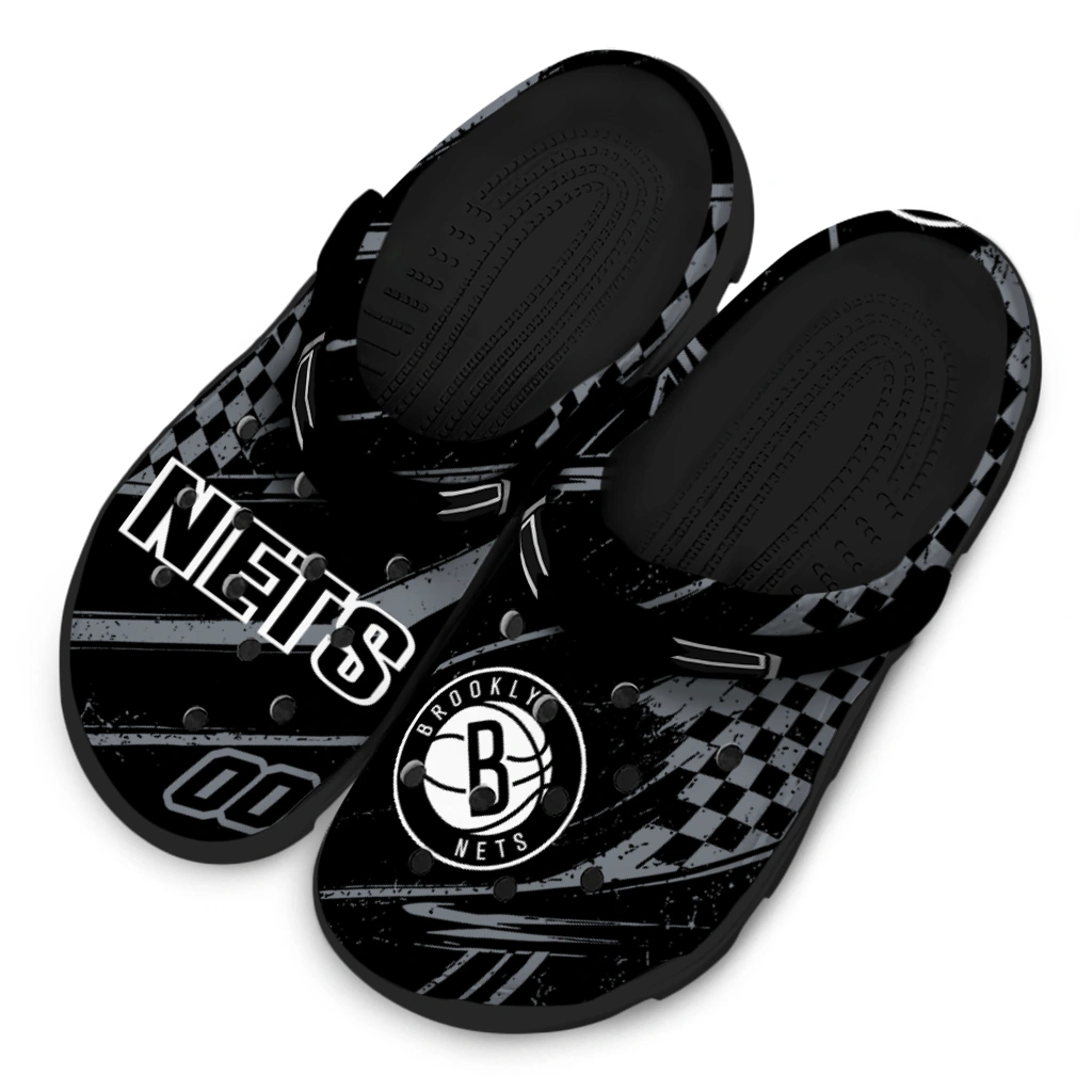 Brooklyn Nets Clogs - Personalized Checkered Streaks Black 4