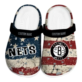 Brooklyn Nets Clogs - Custom Distressed Stripes Black Red Blue