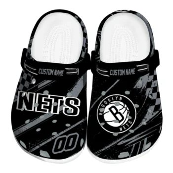 Brooklyn Nets Clogs - Personalized Checkered Streaks Black