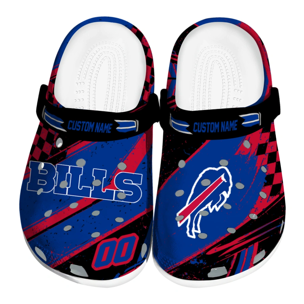 Buffalo Bills Clogs - Customized Checkered Streaks Blue Black 1 buffalo bills clog personalized checkered streaks blue black best selling
