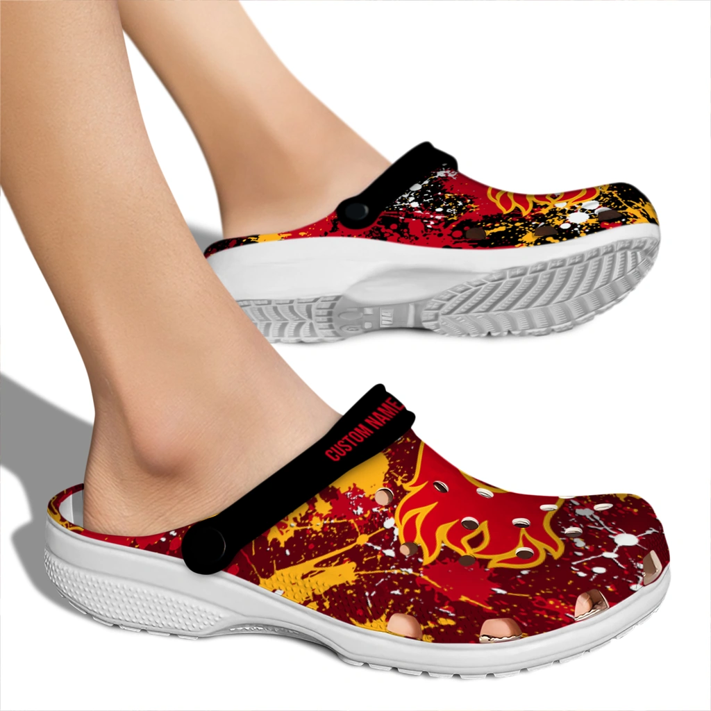 calgary-flames-clog-custom-splatter-splash-red-black-fashion-forward.webp
