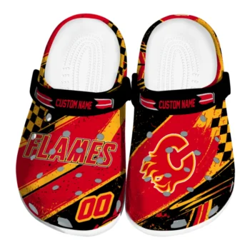 Calgary Flames Clogs - Customized Checkered Streaks Red Black
