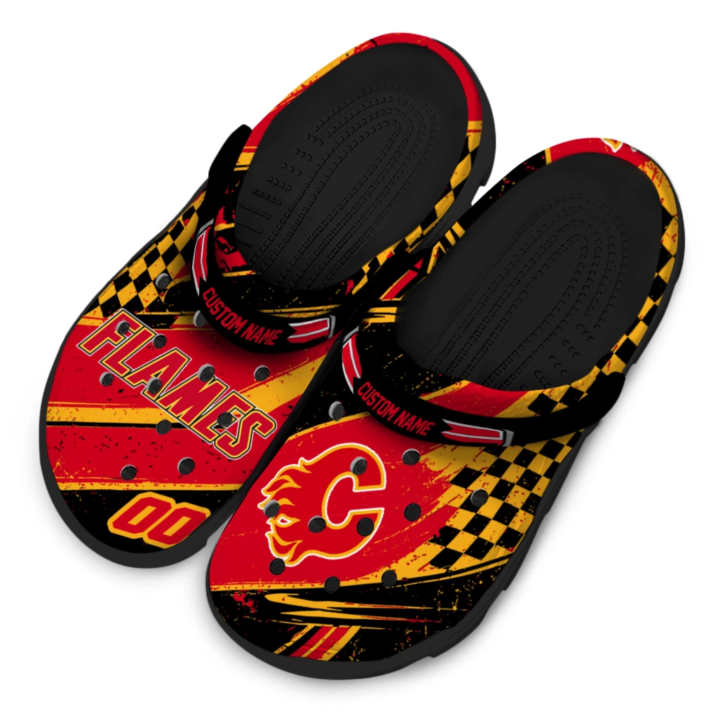 Calgary Flames Clogs - Customized Checkered Streaks Red Black 4