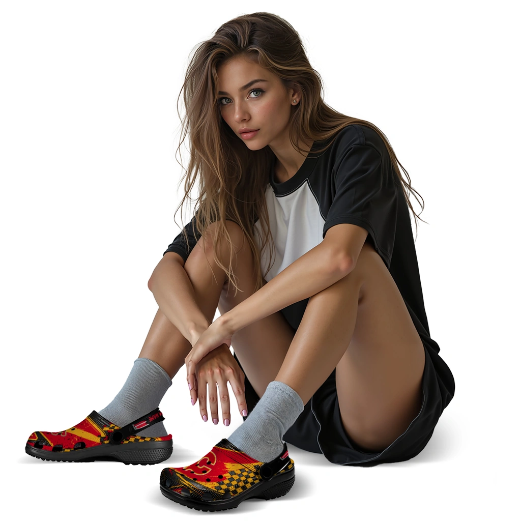 Calgary Flames Clogs - Customized Checkered Streaks Red Black 6