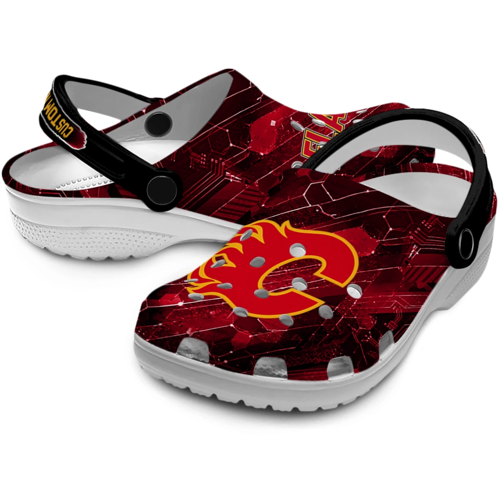 calgary-flames-clog-personalized-circuit-geometry-red-black-high-quality.webp