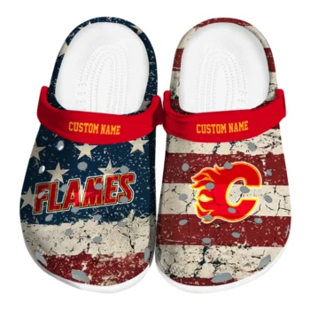 Calgary Flames Clogs - Personalized Distressed Stripes Red Blue