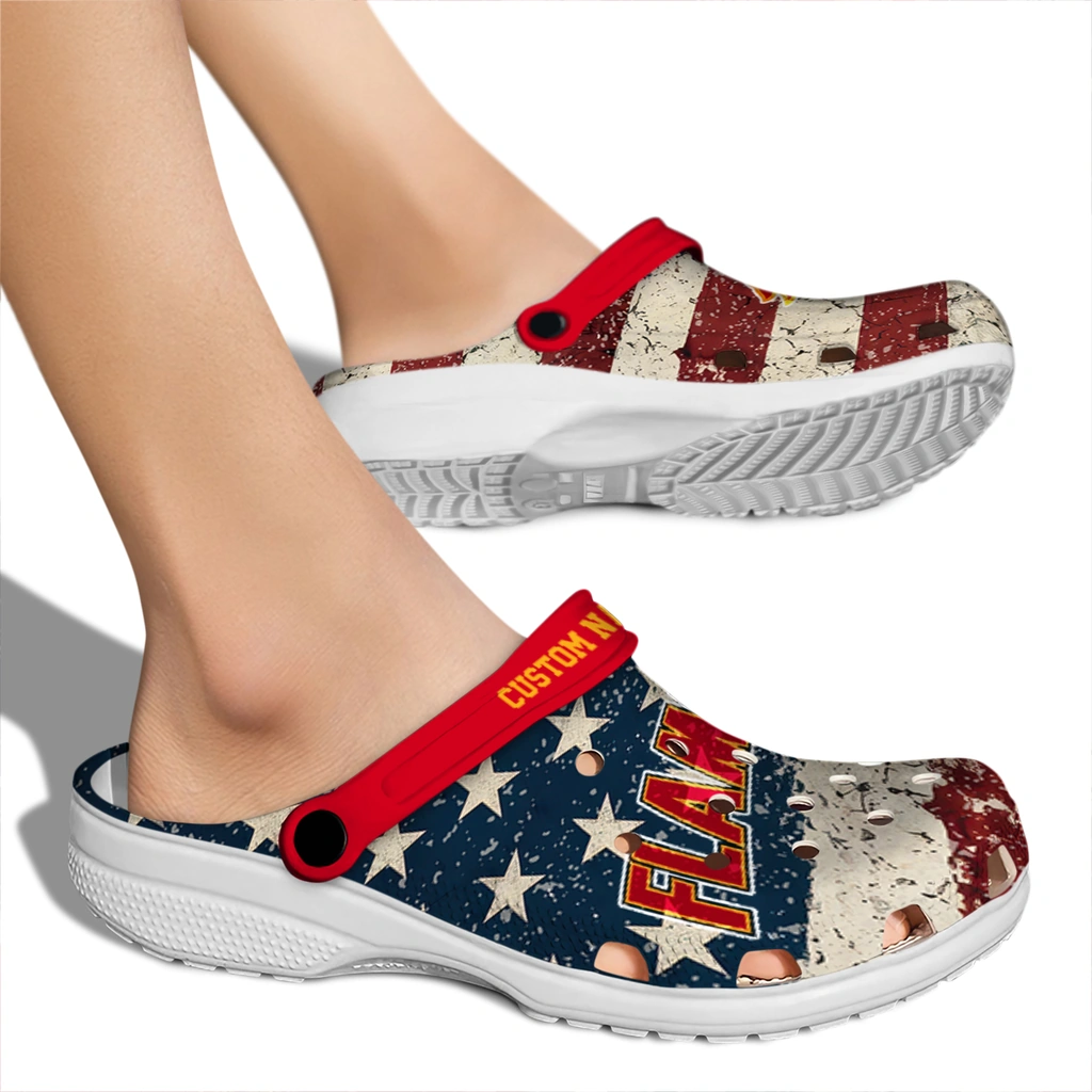 calgary-flames-clog-personalized-distressed-stripes-red-blue-fashion-forward.webp