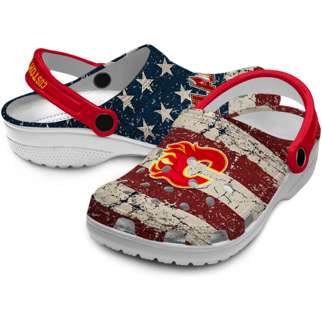 calgary-flames-clog-personalized-distressed-stripes-red-blue-high-quality.webp