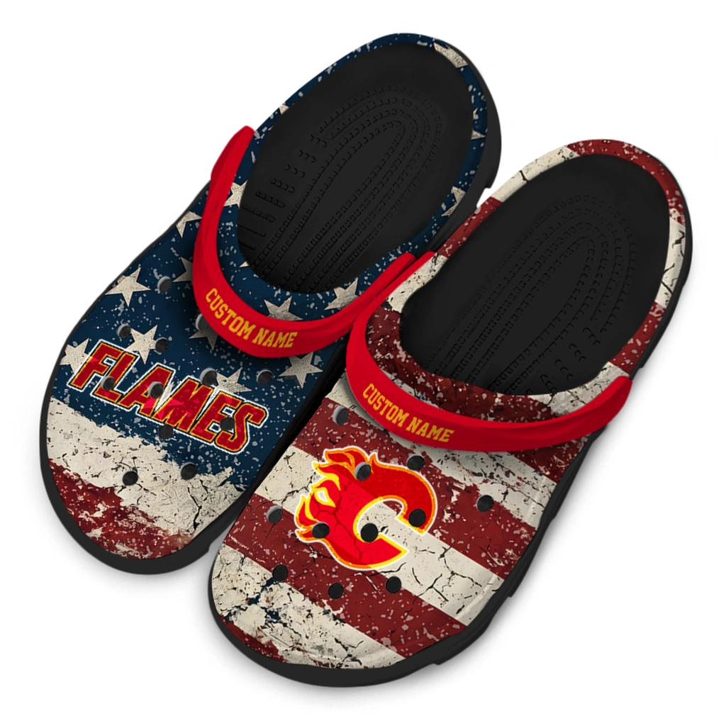 calgary-flames-clog-personalized-distressed-stripes-red-blue-latest-model.webp