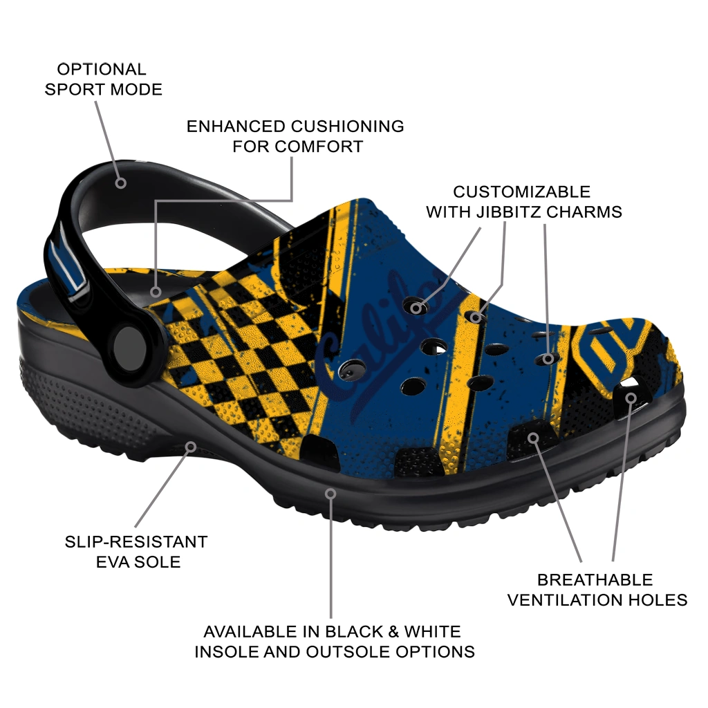 California Golden Bears Clogs - Custom Checkered Streaks Blue Black 5