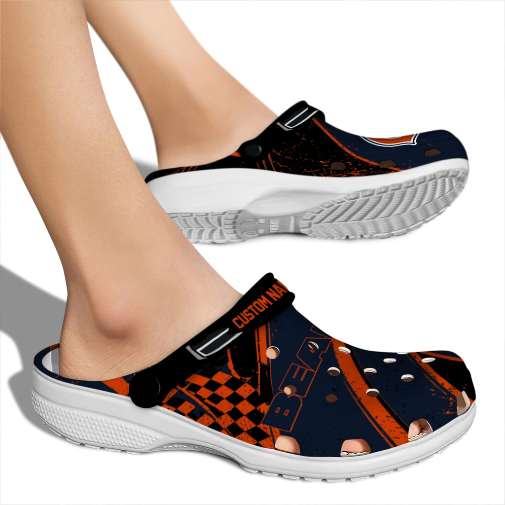 chicago-bears-clog-custom-checkered-streaks-blue-black-fashion-forward.webp