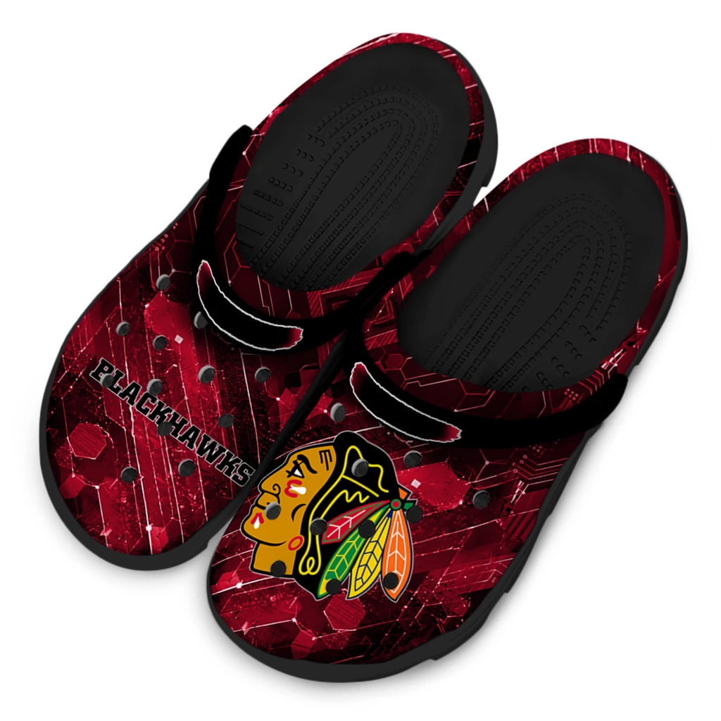 chicago-blackhawks-clog-customized-circuit-geometry-red-black-latest-model.webp