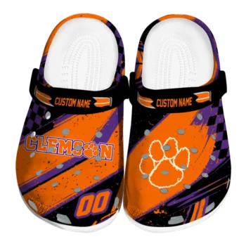 Clemson Tigers Clogs - Personalized Checkered Streaks Orange Black