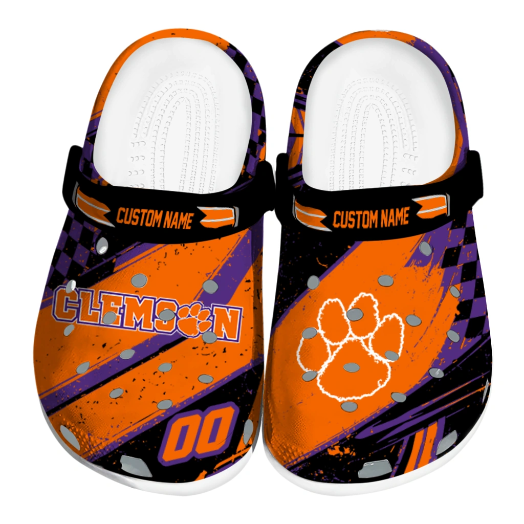 Clemson Tigers Clogs - Personalized Checkered Streaks Orange Black 1 clemson tigers clog custom checkered streaks orange black best selling