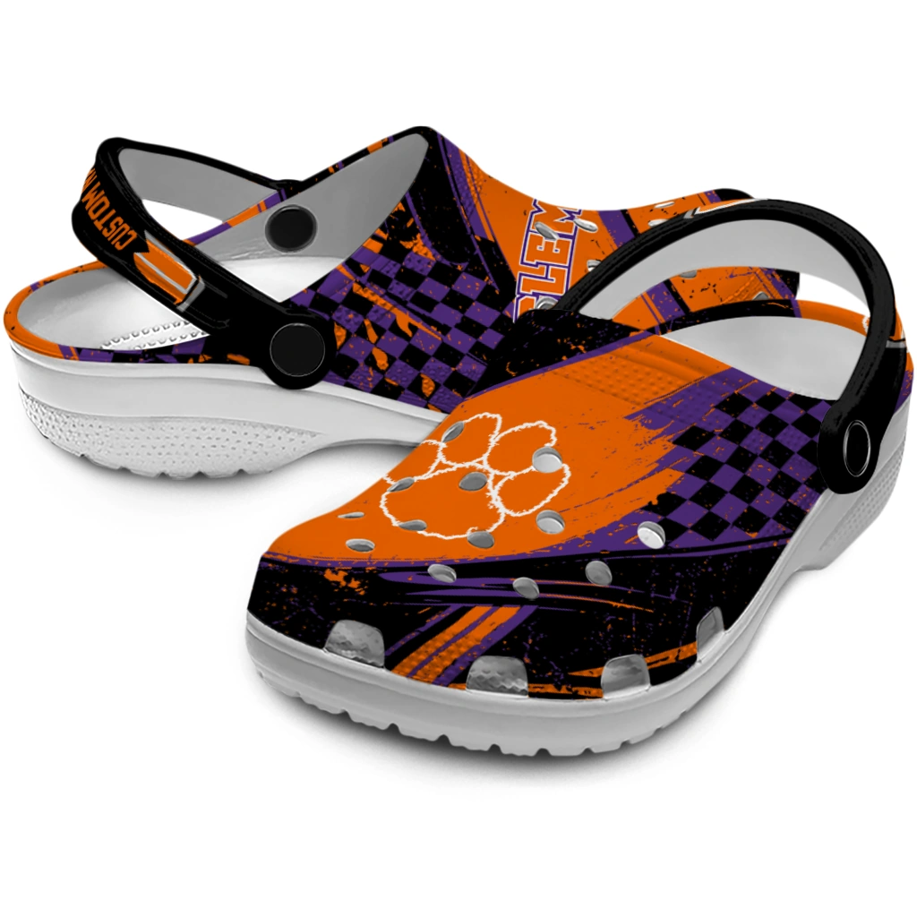 Clemson Tigers Clogs - Personalized Checkered Streaks Orange Black 3