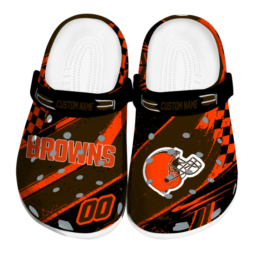 Cleveland Browns Clogs - Personalized Checkered Streaks Brown Black 1 cleveland browns clog custom checkered streaks brown black best selling